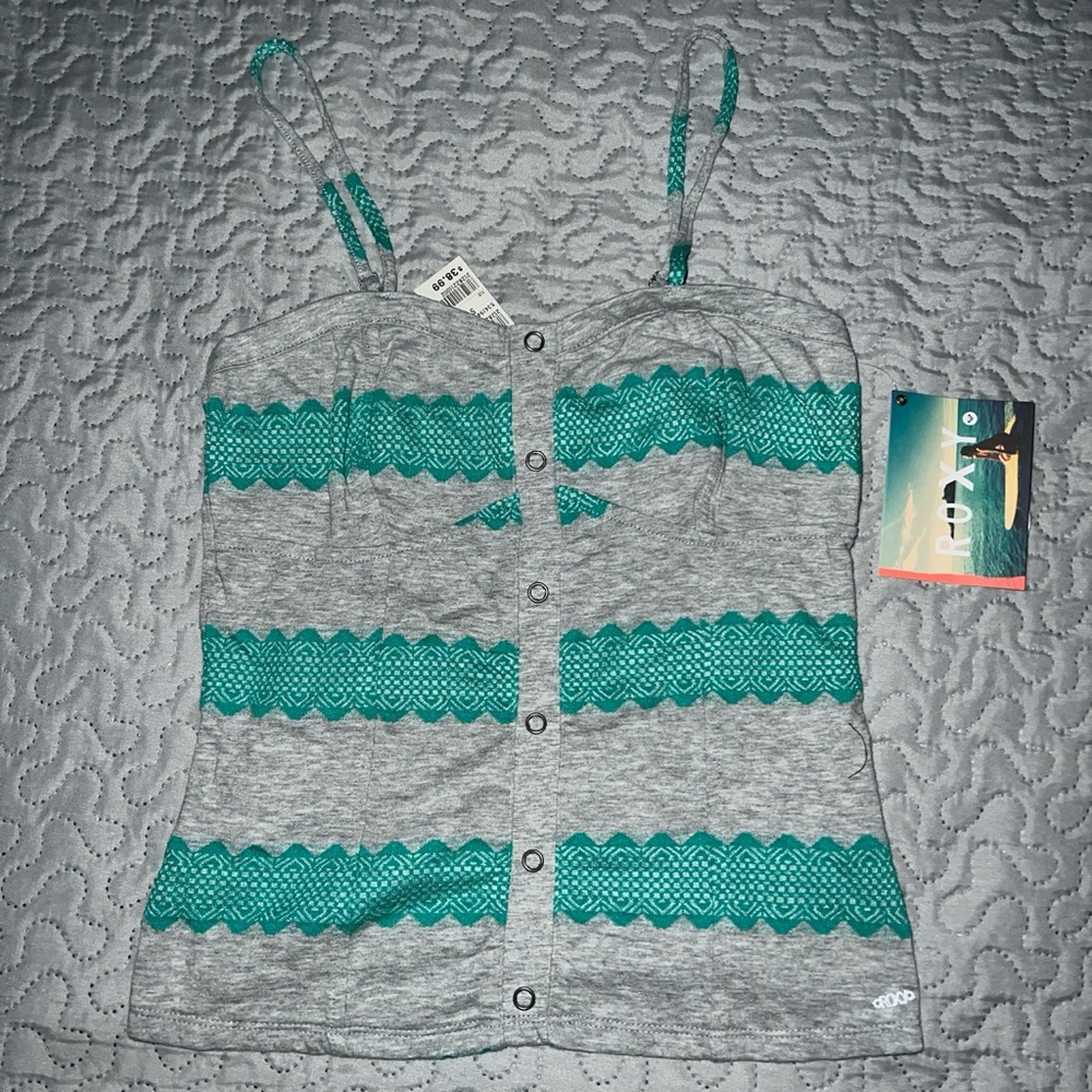 NWT Roxy striped pretty cami tank top tee shirt small grey teal button down up - Picture 4 of 6
